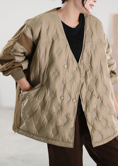 Simple Khaki V Neck Patchwork Duck Down Coat Winter