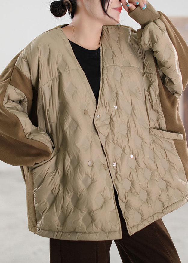 Simple Khaki V Neck Patchwork Duck Down Coat Winter