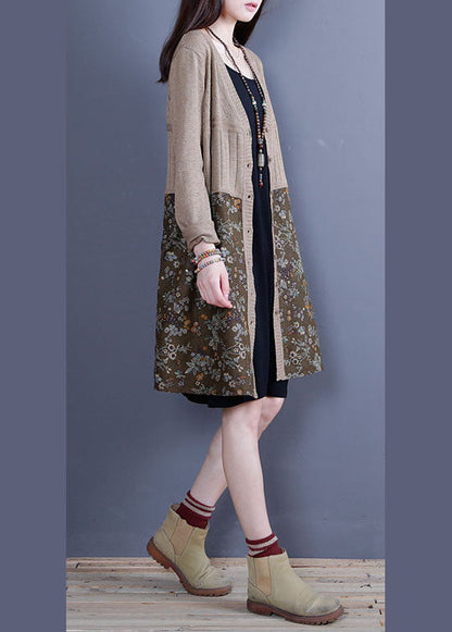 Simple Khaki V Neck Patchwork Knit Loose Cardigans Spring