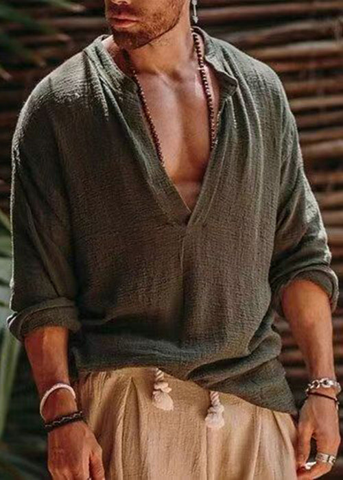 Simple Khaki V Neck Loose Linen Shirts Fall