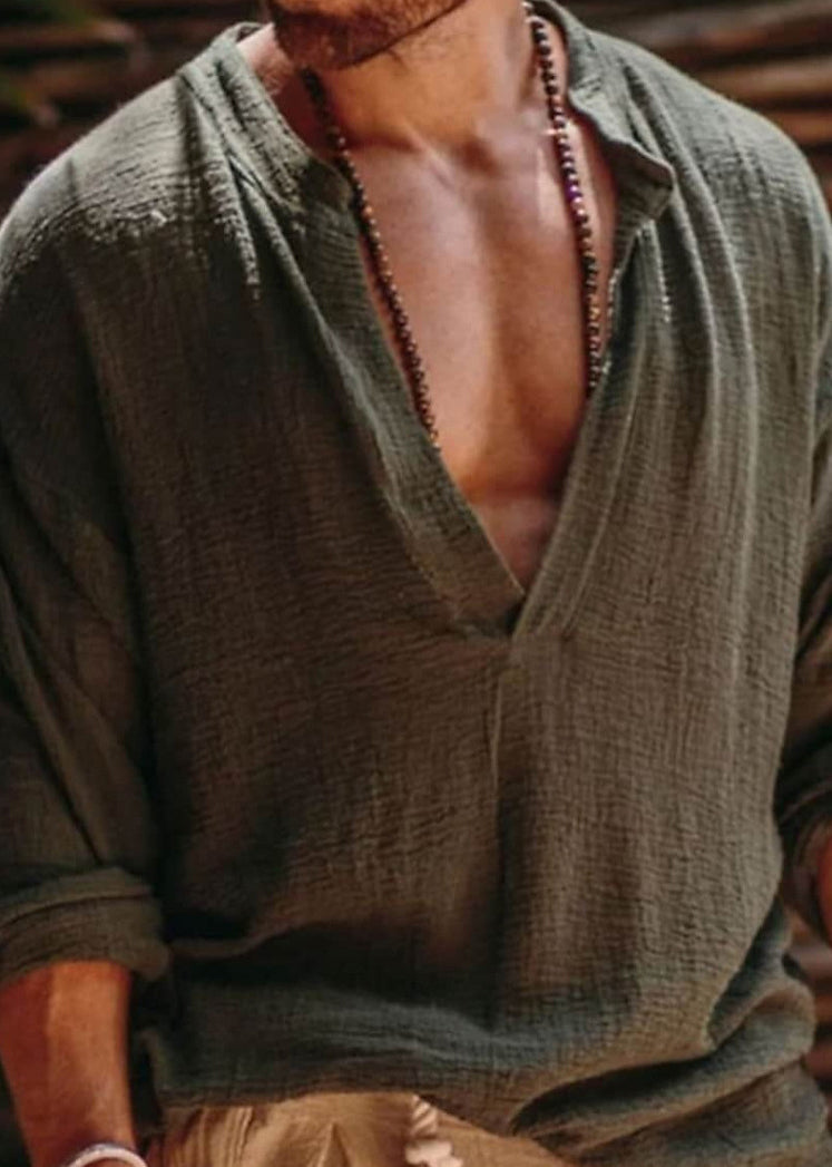 Simple Khaki V Neck Loose Linen Shirts Fall