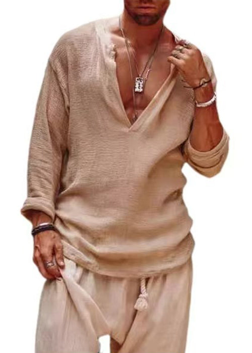 Simple Khaki V Neck Loose Linen Shirts Fall