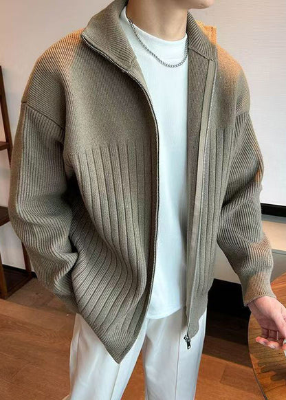 Simple Khaki Zip Up Cozy Knit Coats Spring