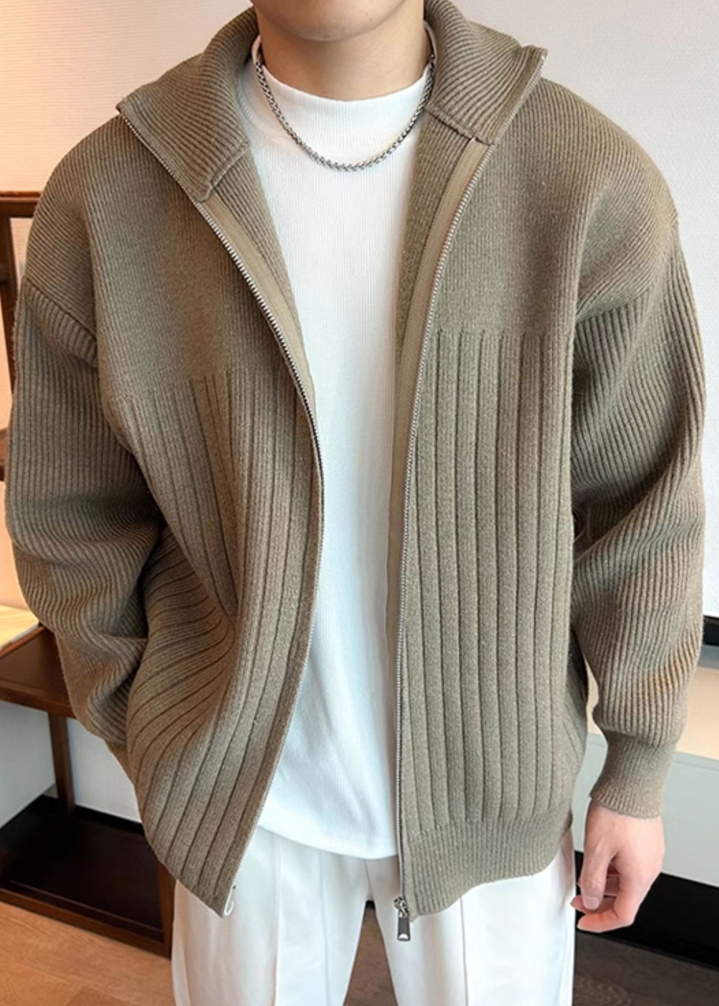 Simple Khaki Zip Up Cozy Knit Coats Spring