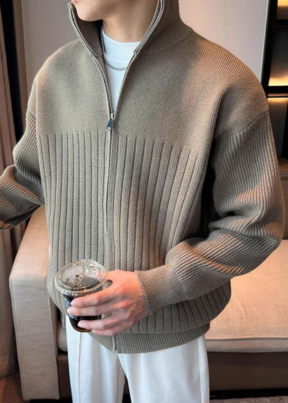 Simple Khaki Zip Up Cozy Knit Coats Spring