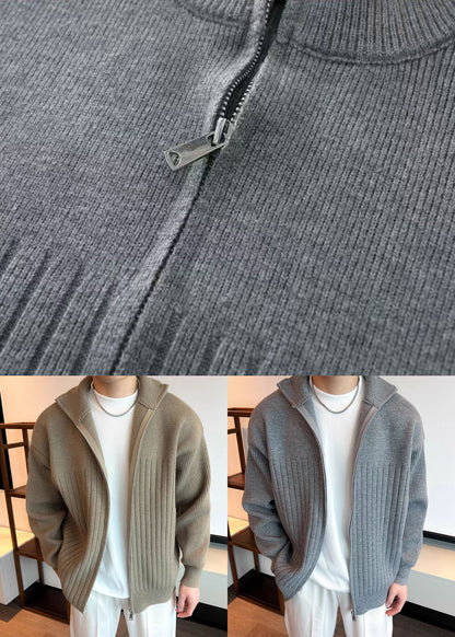 Simple Khaki Zip Up Cozy Knit Coats Spring