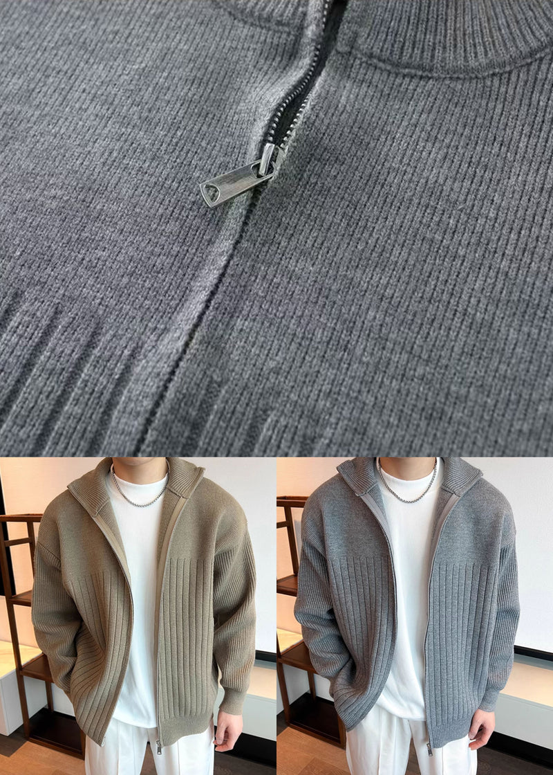 Simple Khaki Zip Up Cozy Knit Coats Spring