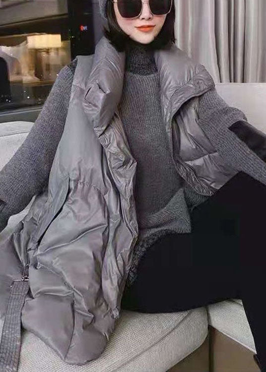 Simple Khaki Loose Zippered Winter Sleeveless Puffer Vest