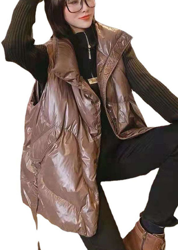 Simple Khaki Loose Zippered Winter Sleeveless Puffer Vest