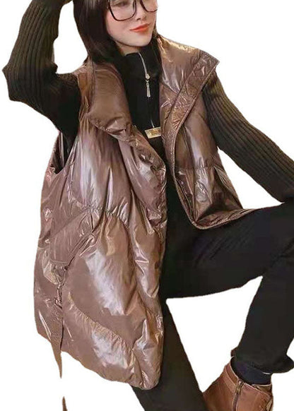 Simple Khaki Loose Zippered Winter Sleeveless Puffer Vest