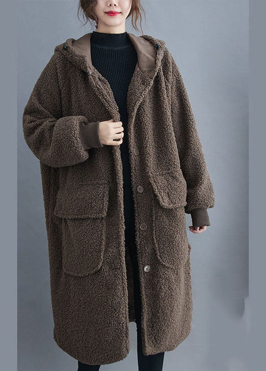 Simple Khaki Hooded Pockets Button Winter Long Sleeve Parka