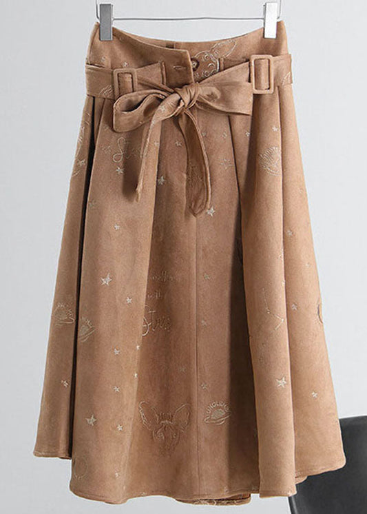 Simple Khaki Tie Waist Embroideried Corduroy Skirts Spring