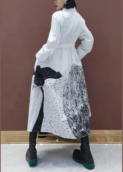 Simple Lapel Drawstring Spring Dresses Work Outfits White Print a Line Dress