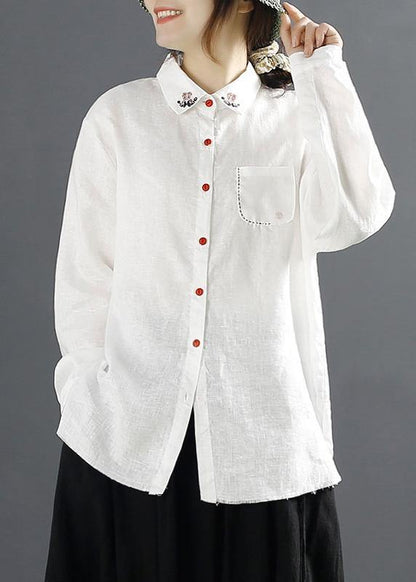 Simple Lapel Embroidery top Pattern White Blouses