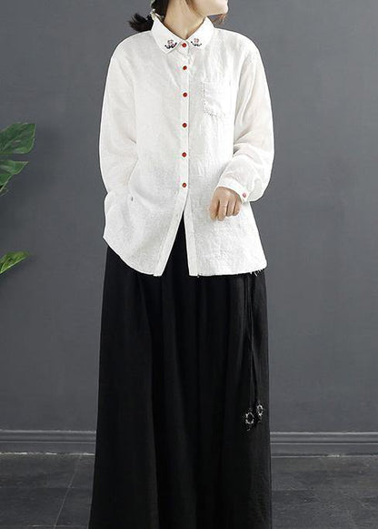 Simple Lapel Embroidery top Pattern White Blouses