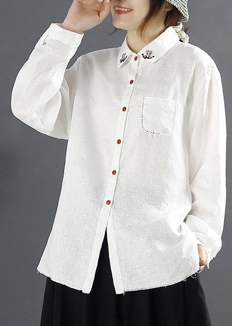 Simple Lapel Embroidery top Pattern White Blouses