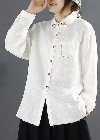 Simple Lapel Embroidery top Pattern White Blouses