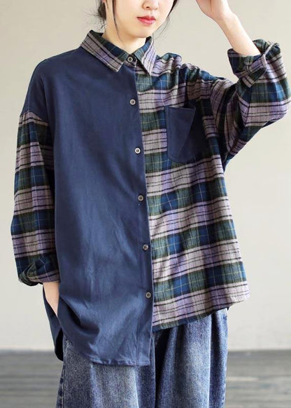 Simple Lapel Patchwork Tops Women Blouses Wardrobes Blue Plaid Blouse