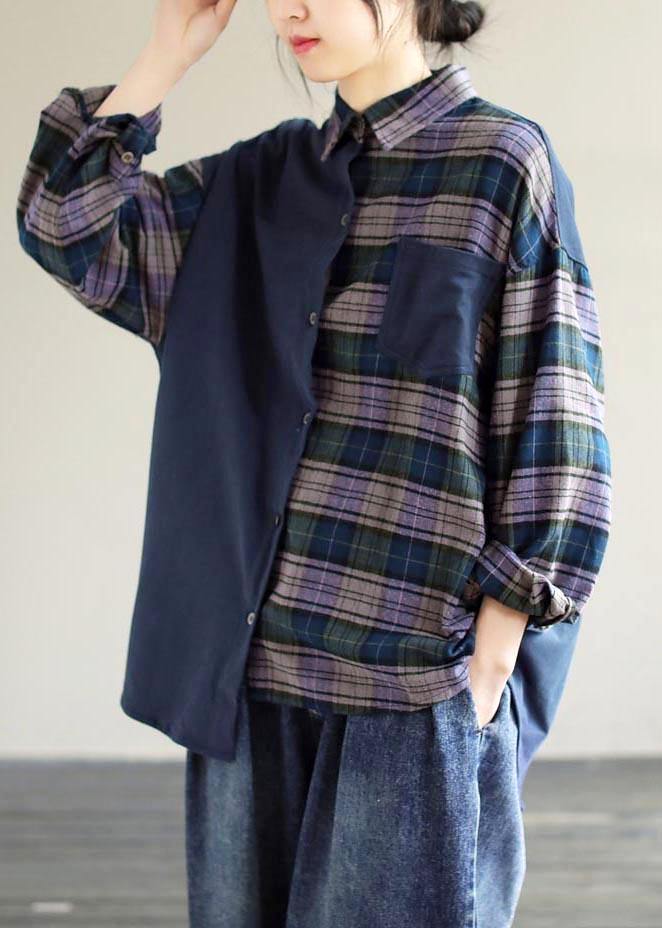 Simple Lapel Patchwork Tops Women Blouses Wardrobes Blue Plaid Blouse