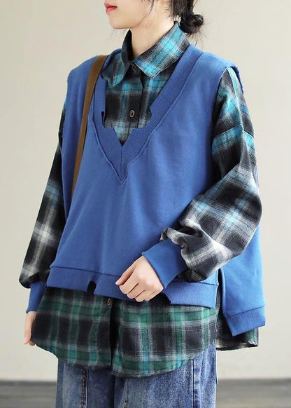 Simple Lapel Two Pieces Spring Crane Tops Work Outfits Blue Top