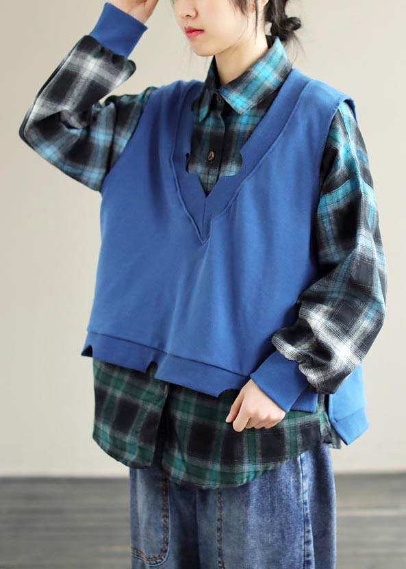 Simple Lapel Two Pieces Spring Crane Tops Work Outfits Blue Top