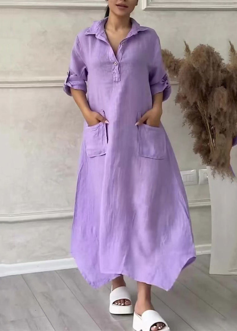 Simple Lavender Peter Pan Collar Pockets Linen a Line Dresses Summer