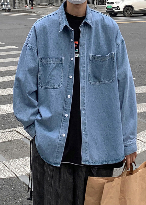 Simple Light Blue Button Pockets Denim Shirts Spring