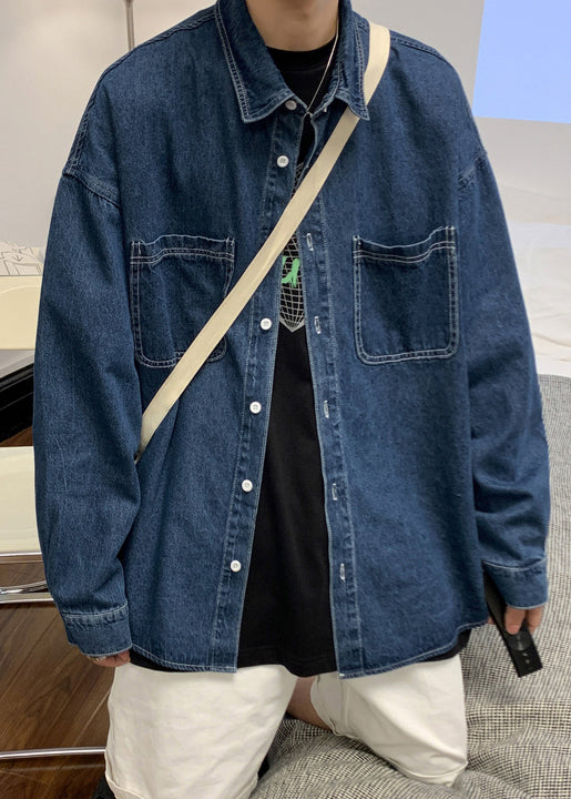 Simple Light Blue Button Pockets Denim Shirts Spring