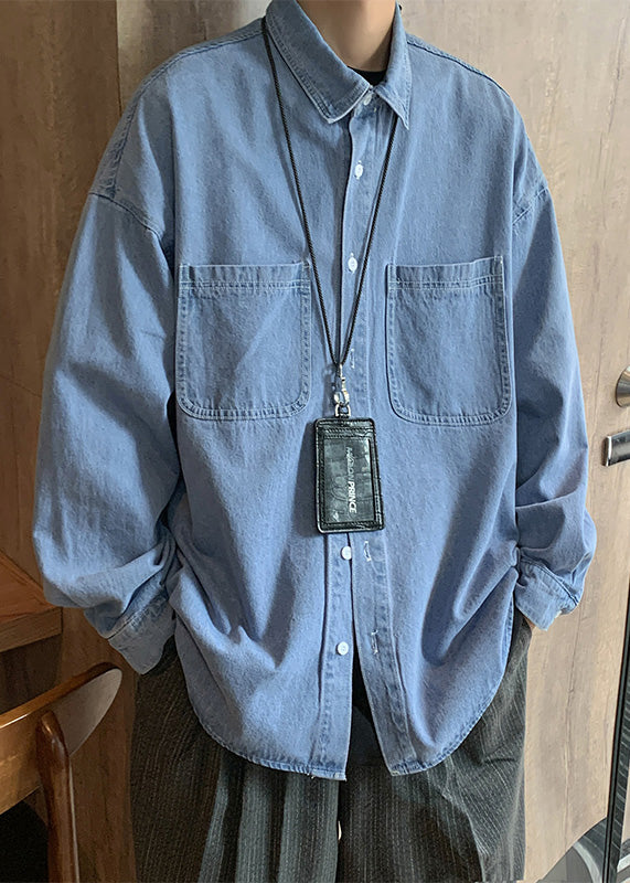 Simple Light Blue Button Pockets Denim Shirts Spring