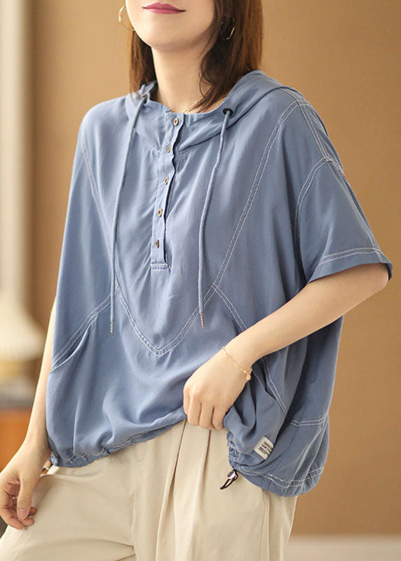 Simple Light Blue Drawstring Hooded Cotton Sweatshirt Short Sleeve