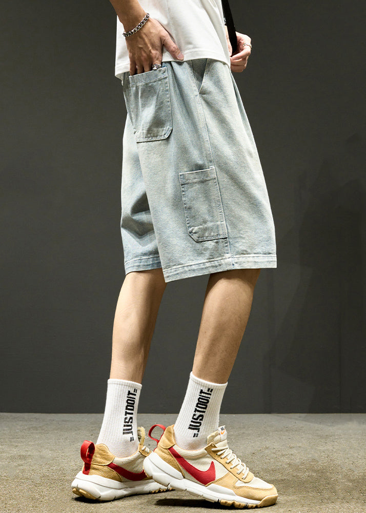 Simple Light Blue Lace Up Elastic Waist Denim Shorts Summer