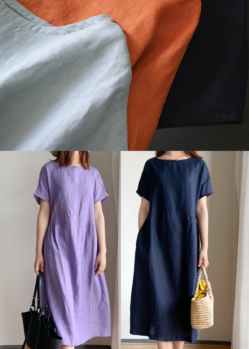 Simple Light Blue O-neck Cinched Linen Blouse Tops Short Sleeve