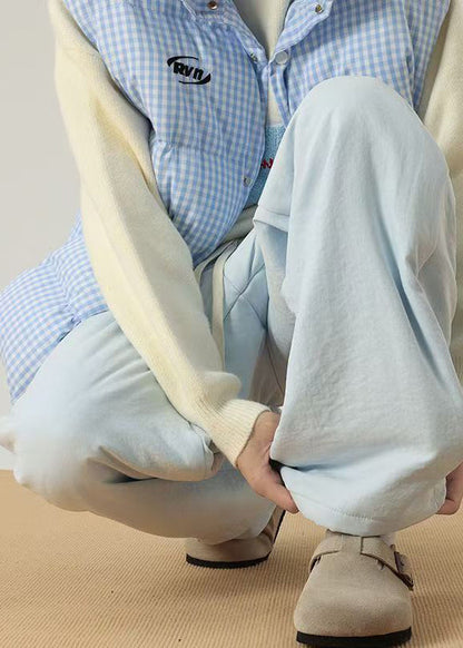 Simple Light Blue Pockets Cotton Filled Pants Winter