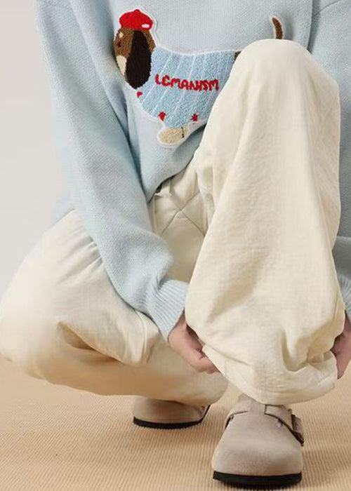Simple Light Blue Pockets Cotton Filled Pants Winter