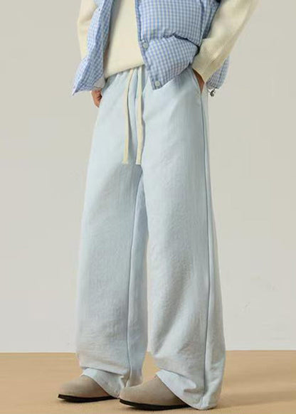 Simple Light Blue Pockets Cotton Filled Pants Winter