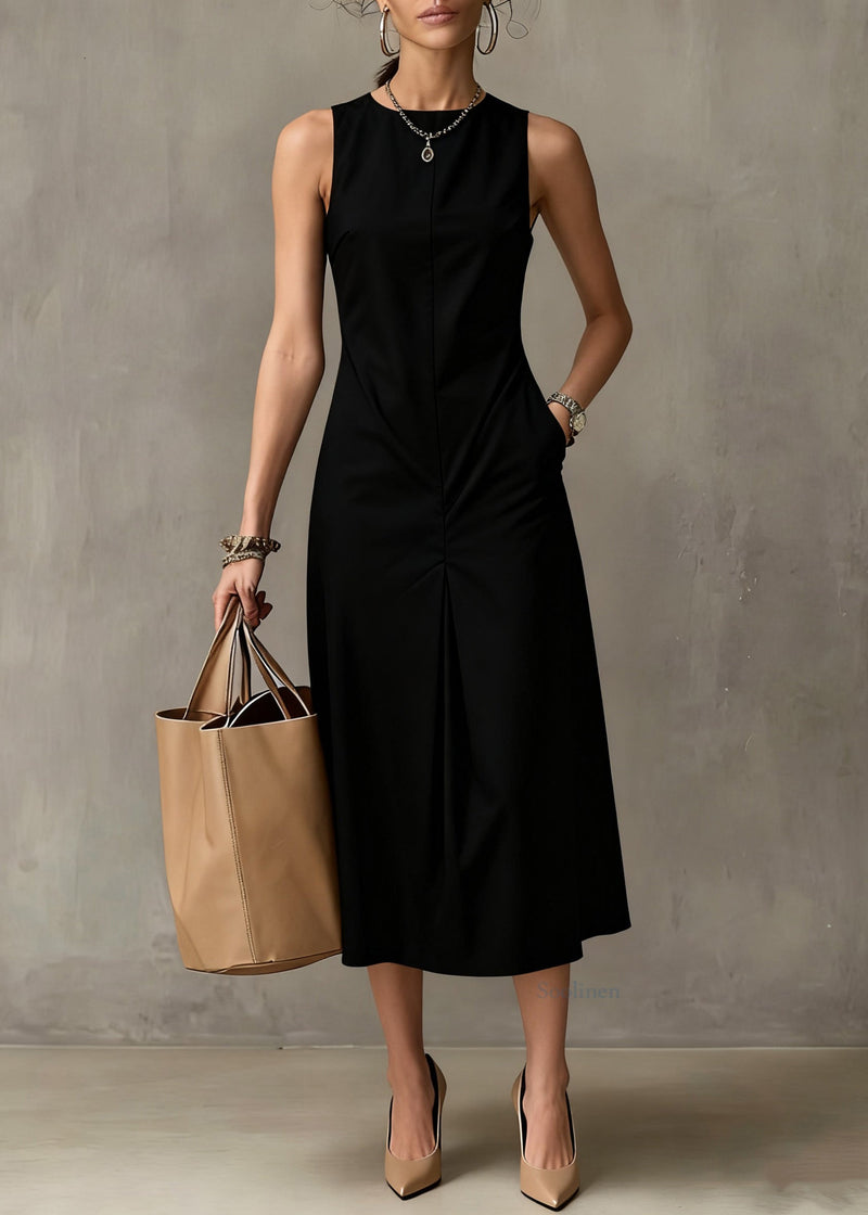 Simple Light Blue Pockets Cotton Long Dresses Sleeveless