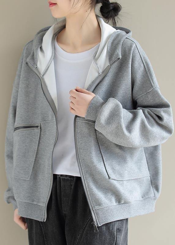 Simple Light Gray Coat for Woman Tops Hooded Zip Up Spring Coats