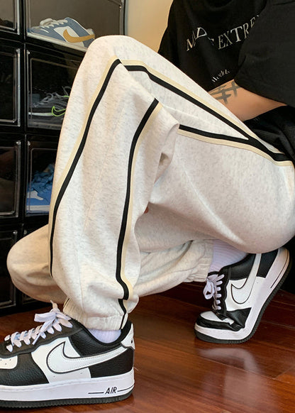 Simple Light Grey Pockets Drawstring Warm Fleece Beam Pants Spring