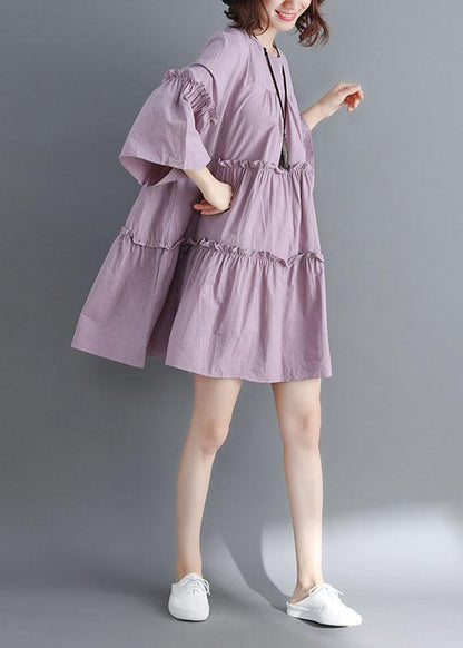 Simple Light Purple O-neck Tiered Cotton Summer Dress