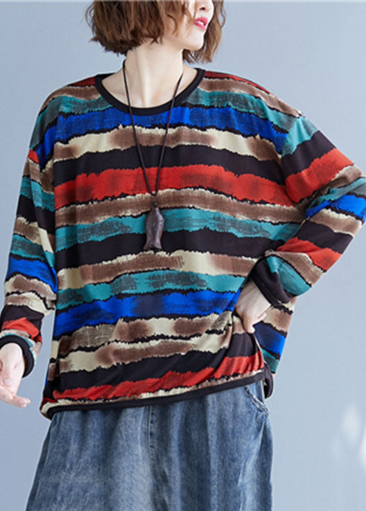 Simple Multicolour Striped O-neck Oversized Cotton Sweatshirts Tracksuits Spring