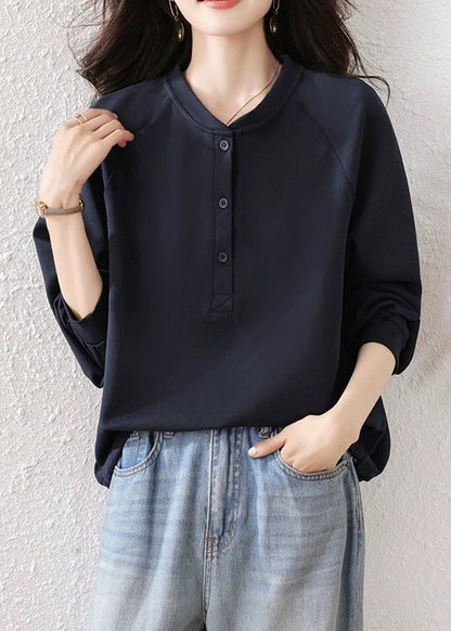 Simple Navy Button Solid Cotton Sweatshirts Fall