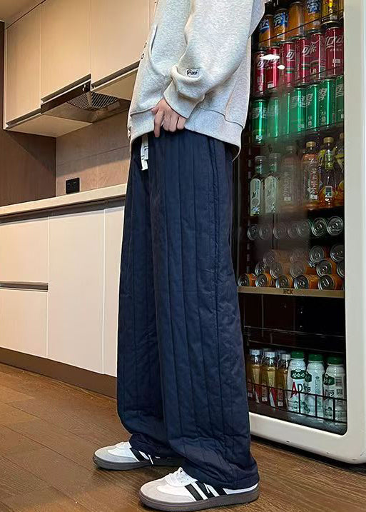 Simple Navy Elastic Waist Thick Pants Winter