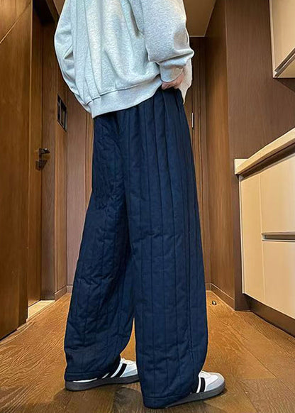Simple Navy Elastic Waist Thick Pants Winter