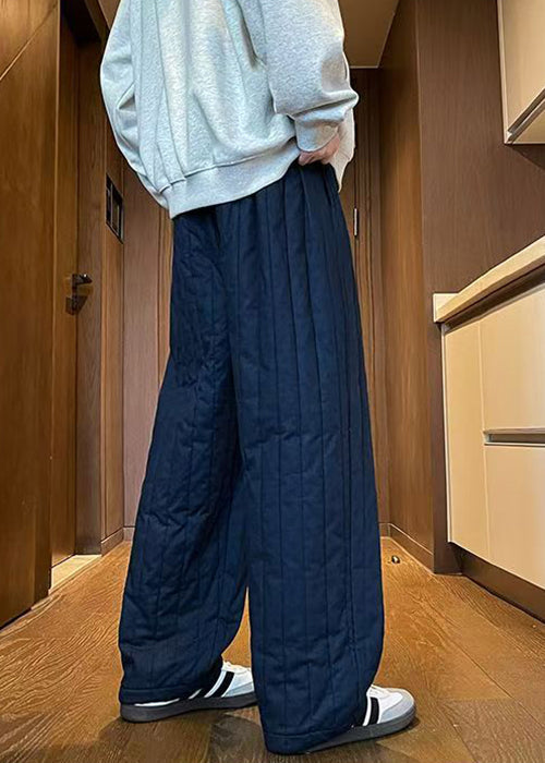 Simple Navy Elastic Waist Thick Pants Winter