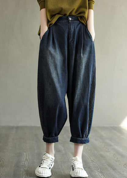 Simple Navy Elastic Waist Striped Line Pocket Cotton Denim Harem Pants Spring