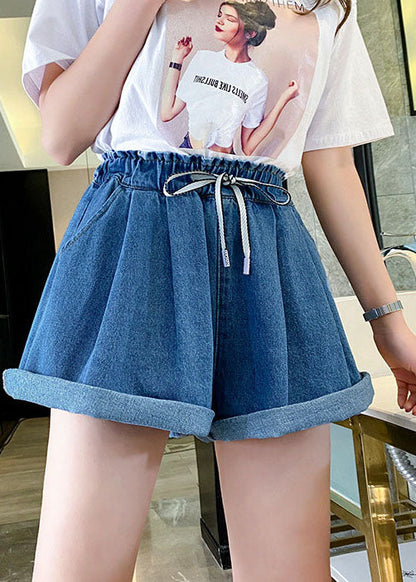 Simple Navy Elastic Waist Drawstring Pockets Cotton Wide Leg Pants Shorts Summer