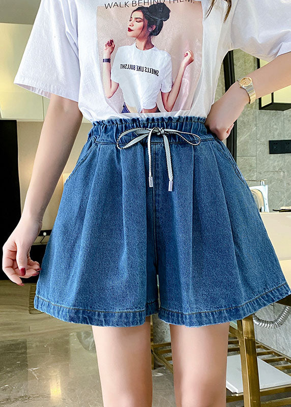Simple Navy Elastic Waist Drawstring Pockets Cotton Wide Leg Pants Shorts Summer