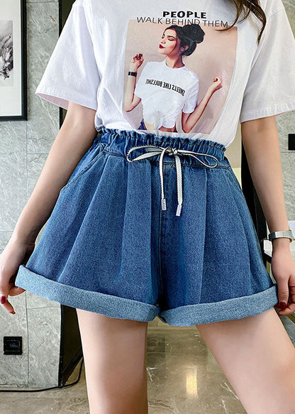 Simple Navy Elastic Waist Drawstring Pockets Cotton Wide Leg Pants Shorts Summer