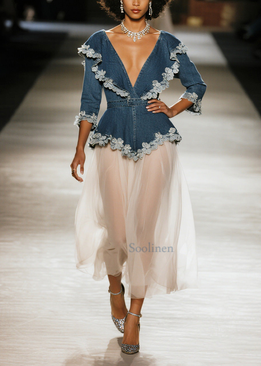 Simple Navy Flower Decorated Patchwork Tulle Long Dress Spring
