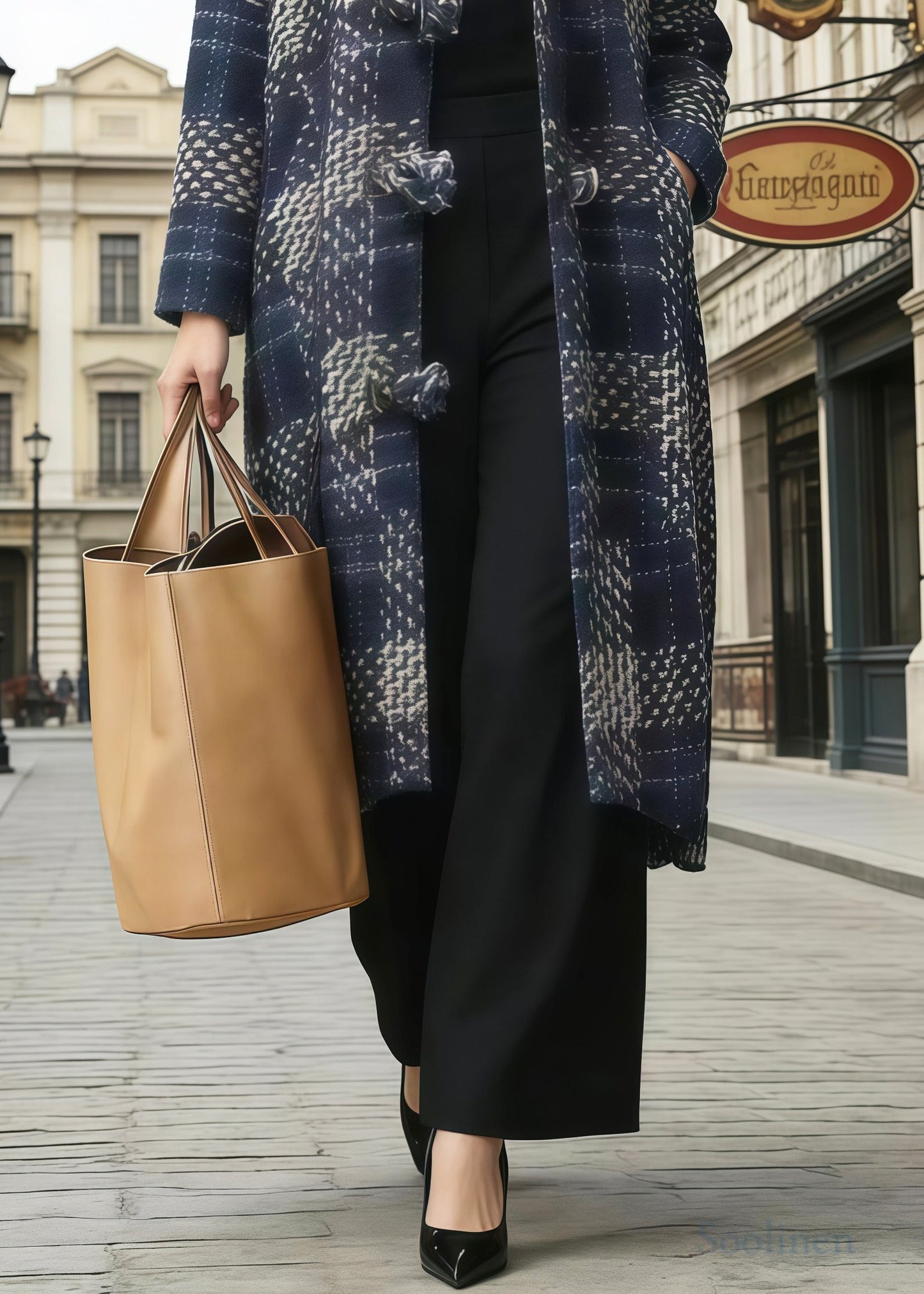 Simple Navy Hooded Plaid Chinese Button Woolen Coat Winter